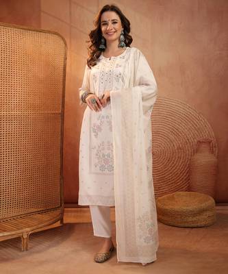  women floral embroidered regular thread work kurta with trousers & with dupatta 1