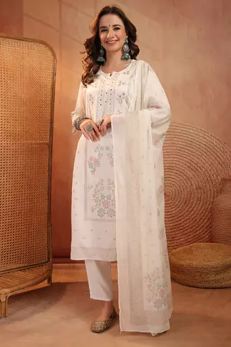  women floral embroidered regular thread work kurta with trousers & with dupatta