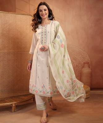  women floral printed regular thread work  cotton kurta with trousers & with dupatta 1