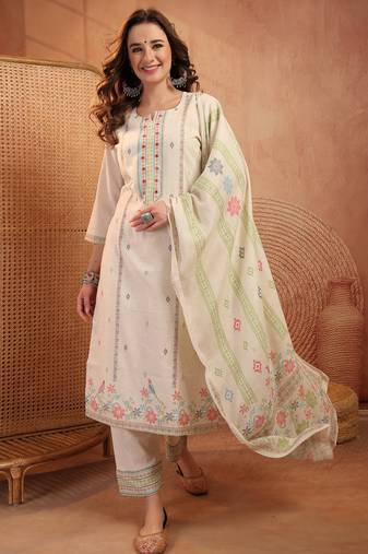  women floral printed regular thread work  cotton kurta with trousers & with dupatta