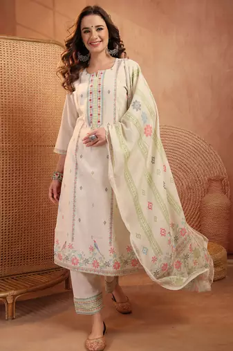  women floral printed regular thread work  cotton kurta with trousers & with dupatta