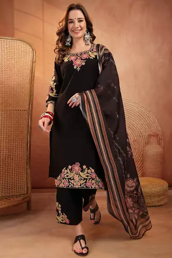  women floral embroidered regular thread work  cotton kurta with palazzos & with dupatta