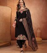  women floral embroidered regular thread work  cotton kurta with palazzos & with dupatta