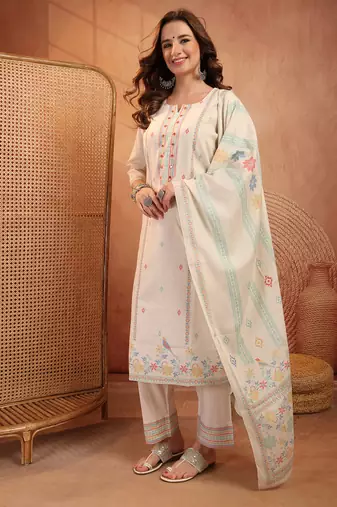  women ethnic motifs embroidered regular mirror work  cotton kurta with trousers & with dupatta