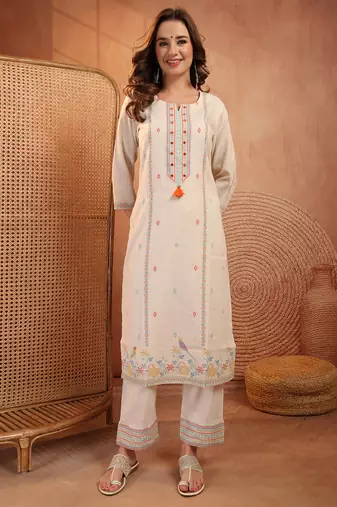  women ethnic motifs embroidered regular mirror work  cotton kurta with trousers & with dupatta