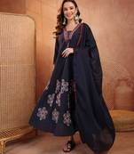  women ethnic motifs embroidered regular thread work  cotton kurta with trousers & with dupatta