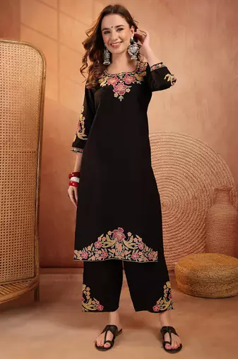  women floral embroidered regular thread work  cotton kurta with palazzos & with dupatta