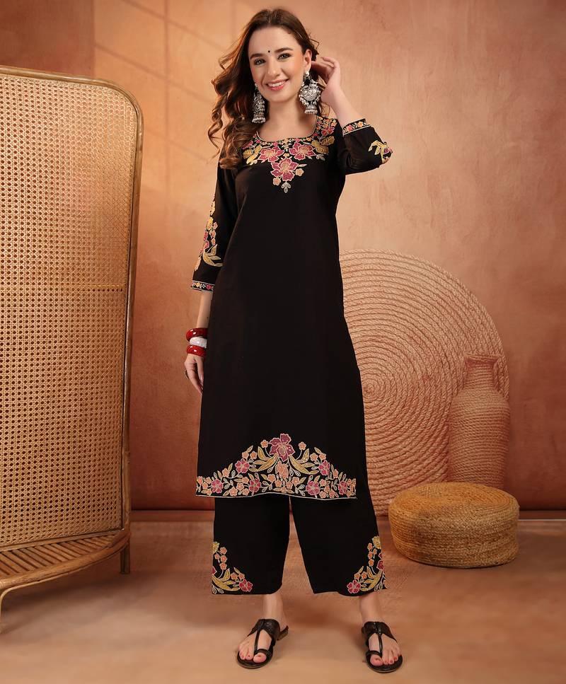  women floral embroidered regular thread work  cotton kurta with palazzos & with dupatta