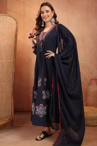  women ethnic motifs embroidered regular thread work  cotton kurta with trousers & with dupatta