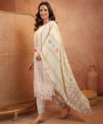 women floral printed regular thread work  cotton kurta with trousers & with dupatta 2