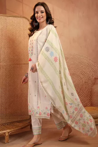  women floral printed regular thread work  cotton kurta with trousers & with dupatta