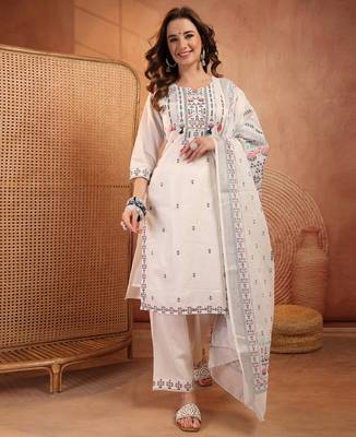  women ethnic motifs embroidered regular thread work  cotton kurta with palazzos & with dupatta 1