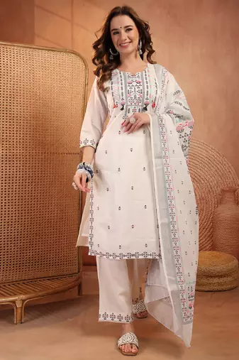  women ethnic motifs embroidered regular thread work  cotton kurta with palazzos & with dupatta