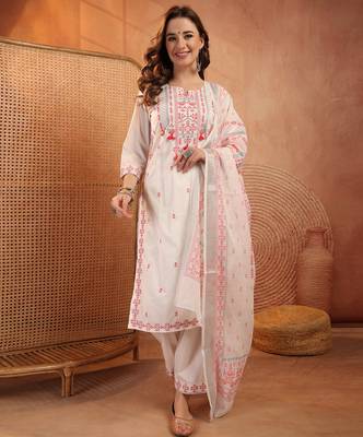 women ethnic motifs embroidered regular thread work  cotton kurta with palazzos & with dupatta 1