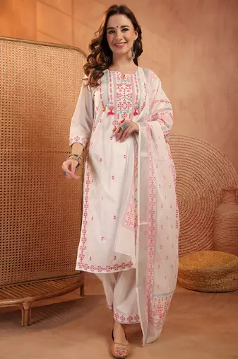  women ethnic motifs embroidered regular thread work  cotton kurta with palazzos & with dupatta