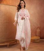  women ethnic motifs embroidered regular thread work  cotton kurta with palazzos & with dupatta