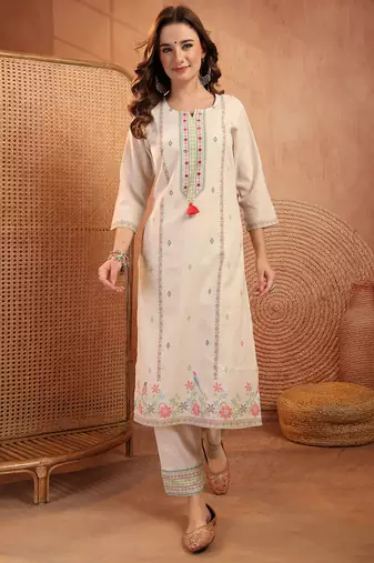  women floral printed regular thread work  cotton kurta with trousers & with dupatta