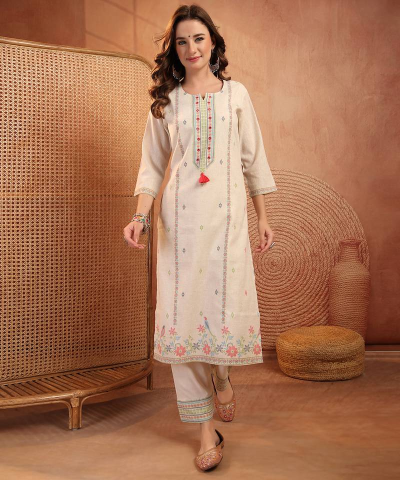  women floral printed regular thread work  cotton kurta with trousers & with dupatta