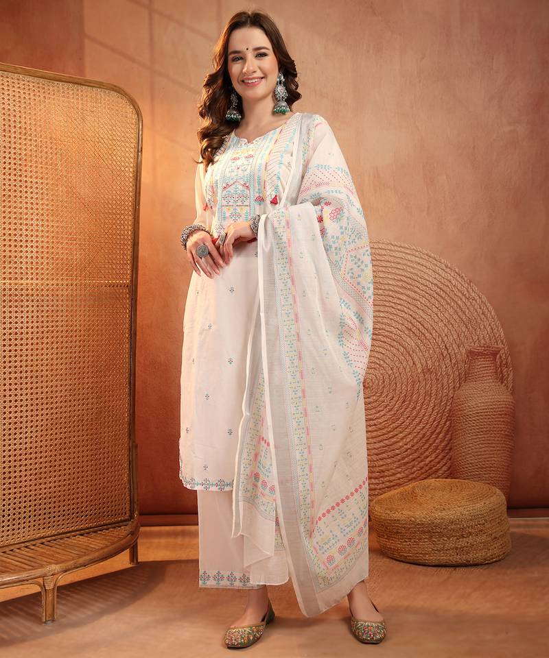  women ethnic motifs embroidered regular thread work  cotton kurta with palazzos & with dupatta