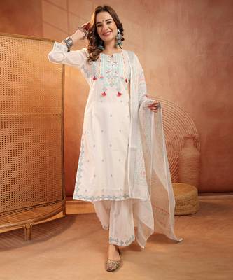  women ethnic motifs embroidered regular thread work  cotton kurta with palazzos & with dupatta 2