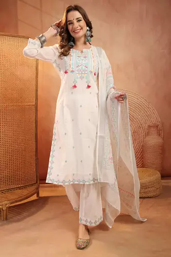  women ethnic motifs embroidered regular thread work  cotton kurta with palazzos & with dupatta