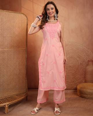  women ethnic motifs embroidered regular thread work  cotton kurta with palazzos 1