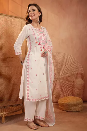  women ethnic motifs embroidered regular thread work  cotton kurta with palazzos & with dupatta