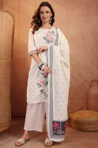  women floral embroidered regular  cotton kurta with palazzos & with dupatta