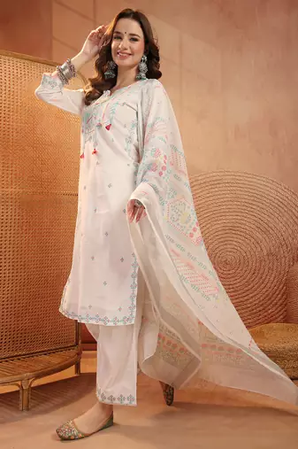  women ethnic motifs embroidered regular thread work  cotton kurta with palazzos & with dupatta