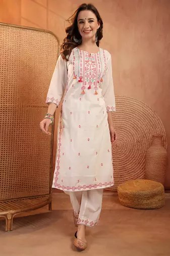  women ethnic motifs embroidered regular thread work  cotton kurta with palazzos & with dupatta