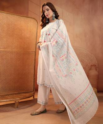  women ethnic motifs embroidered regular thread work  cotton kurta with palazzos & with dupatta 4