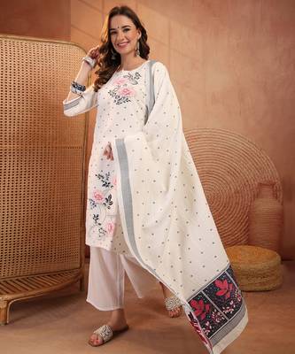  women floral embroidered regular  cotton kurta with palazzos & with dupatta 2