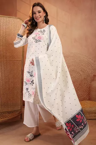  women floral embroidered regular  cotton kurta with palazzos & with dupatta