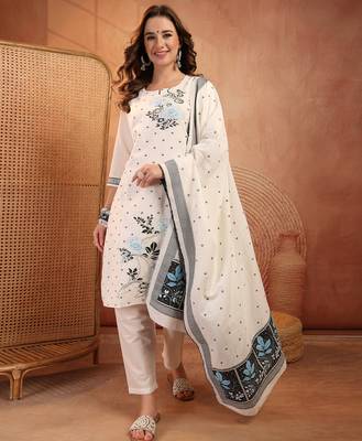  women floral printed regular  cotton kurta with trousers & with dupatta 1
