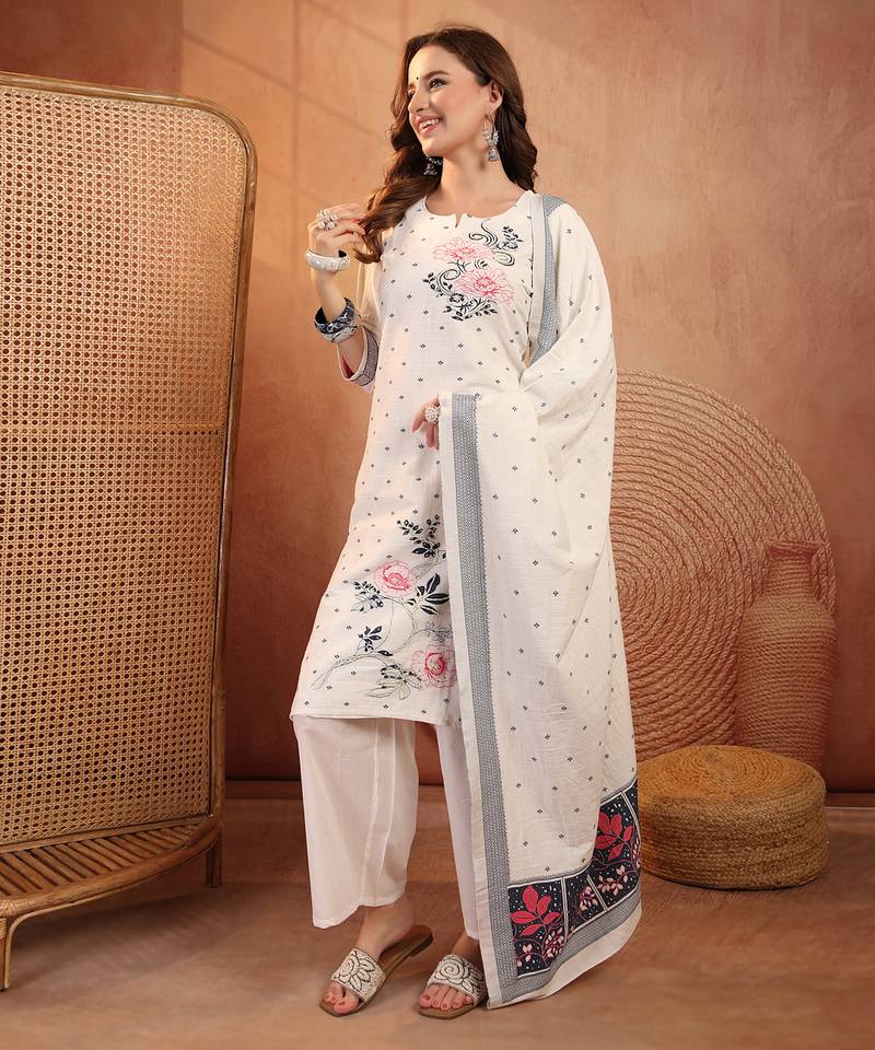  women floral embroidered regular  cotton kurta with palazzos & with dupatta