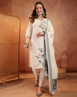  women floral embroidered regular thread work  cotton kurta with trousers & with dupatta 1