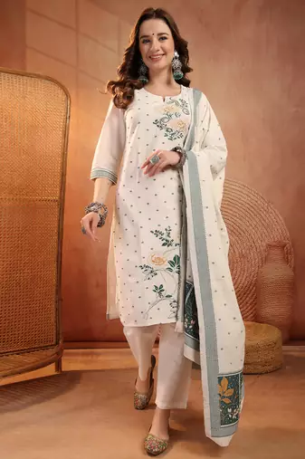  women floral embroidered regular thread work  cotton kurta with trousers & with dupatta