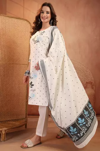  women floral printed regular  cotton kurta with trousers & with dupatta