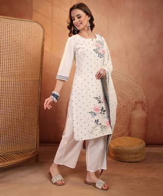  women floral embroidered regular  cotton kurta with palazzos & with dupatta 4