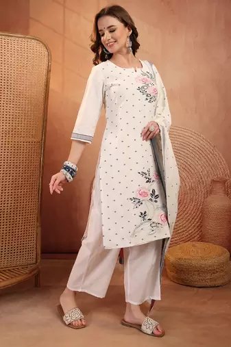  women floral embroidered regular  cotton kurta with palazzos & with dupatta