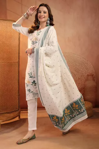  women floral embroidered regular thread work  cotton kurta with trousers & with dupatta