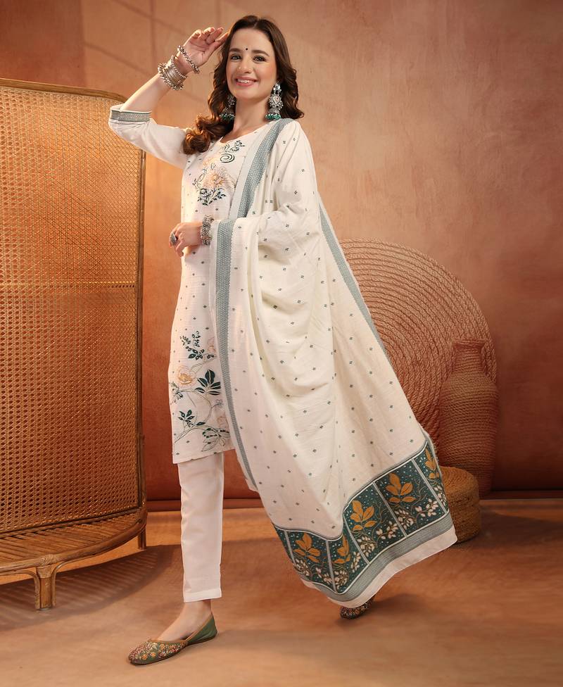  women floral embroidered regular thread work  cotton kurta with trousers & with dupatta