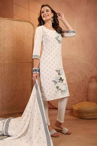  women floral printed regular  cotton kurta with trousers & with dupatta