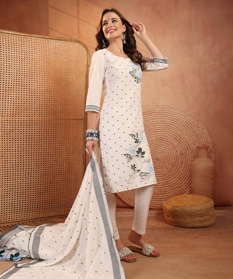  women floral printed regular  cotton kurta with trousers & with dupatta