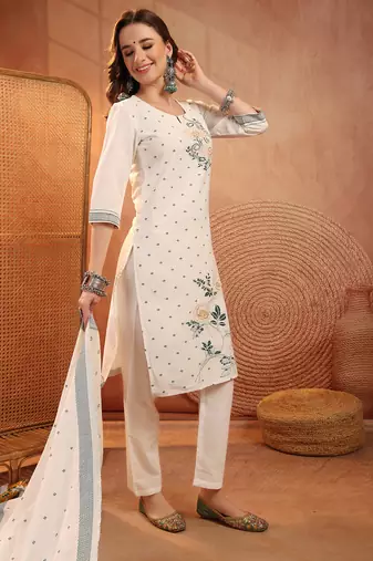  women floral embroidered regular thread work  cotton kurta with trousers & with dupatta