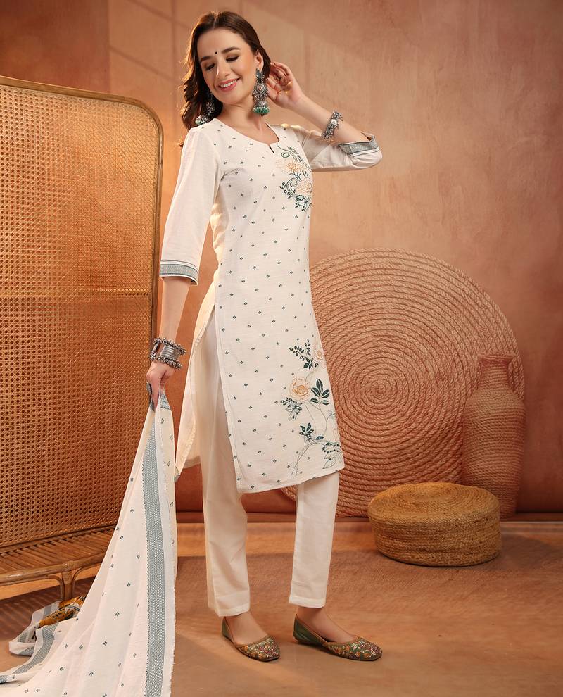  women floral embroidered regular thread work  cotton kurta with trousers & with dupatta