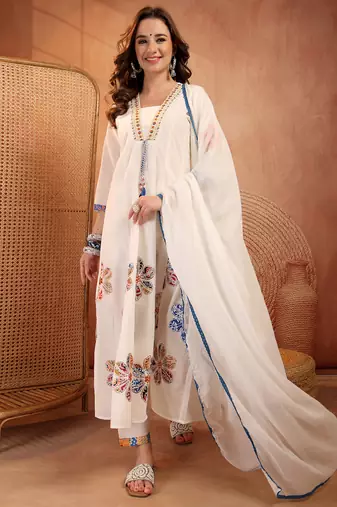  women floral embroidered regular thread work  cotton kurta with trousers & with dupatta