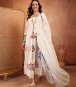  women floral embroidered regular thread work  cotton kurta with trousers & with dupatta