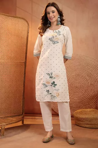  women floral embroidered regular thread work  cotton kurta with trousers & with dupatta