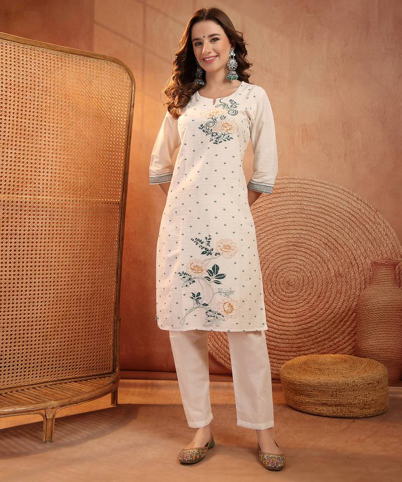 women floral embroidered regular thread work  cotton kurta with trousers & with dupatta